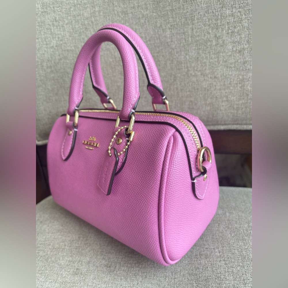 NWT!COACH MINI ROWAN CROSSBODY BAG(COACH CV404)GOLD/FUCHSIA fast shipping - Picture 3 of 7